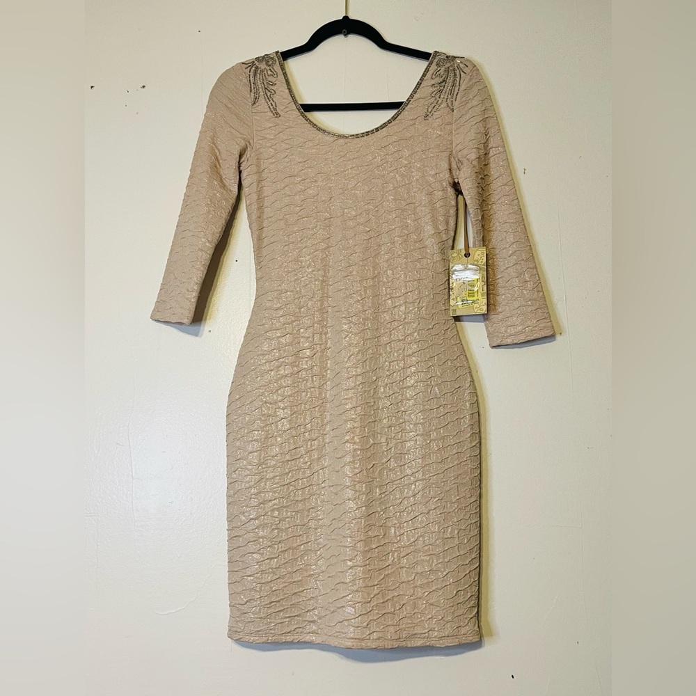 Chelsea & Violet Textured Long Sleeve Dress in Beige